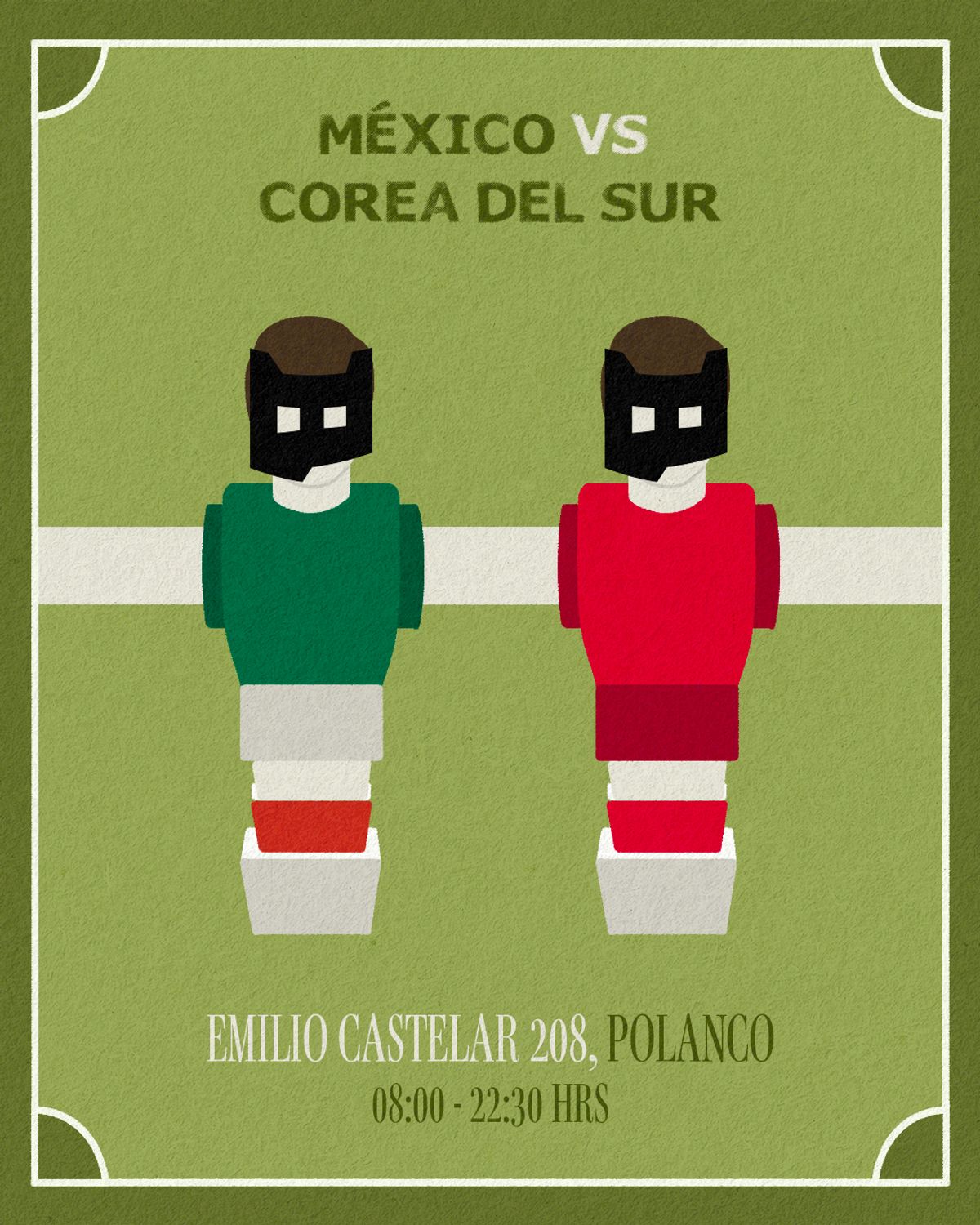 Cartel verde con dos muñecos de futbolito frente a frente, uno de verde y uno de rojo, con el rostro tapado por el gato de Bandido: México vs Corea del Sur