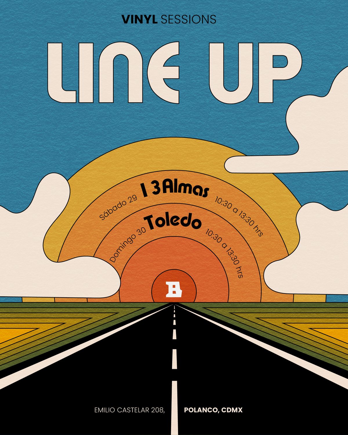 Cartel ilustrado de estilo setentero: LINE UP en letras crema sobre cielo azul, un sol naranja en anillos como un disco con los DJs del sábado 29 y el domingo 30 escritos en los surcos, la B de Bandido al centro y una carretera negra hacia el horizonte