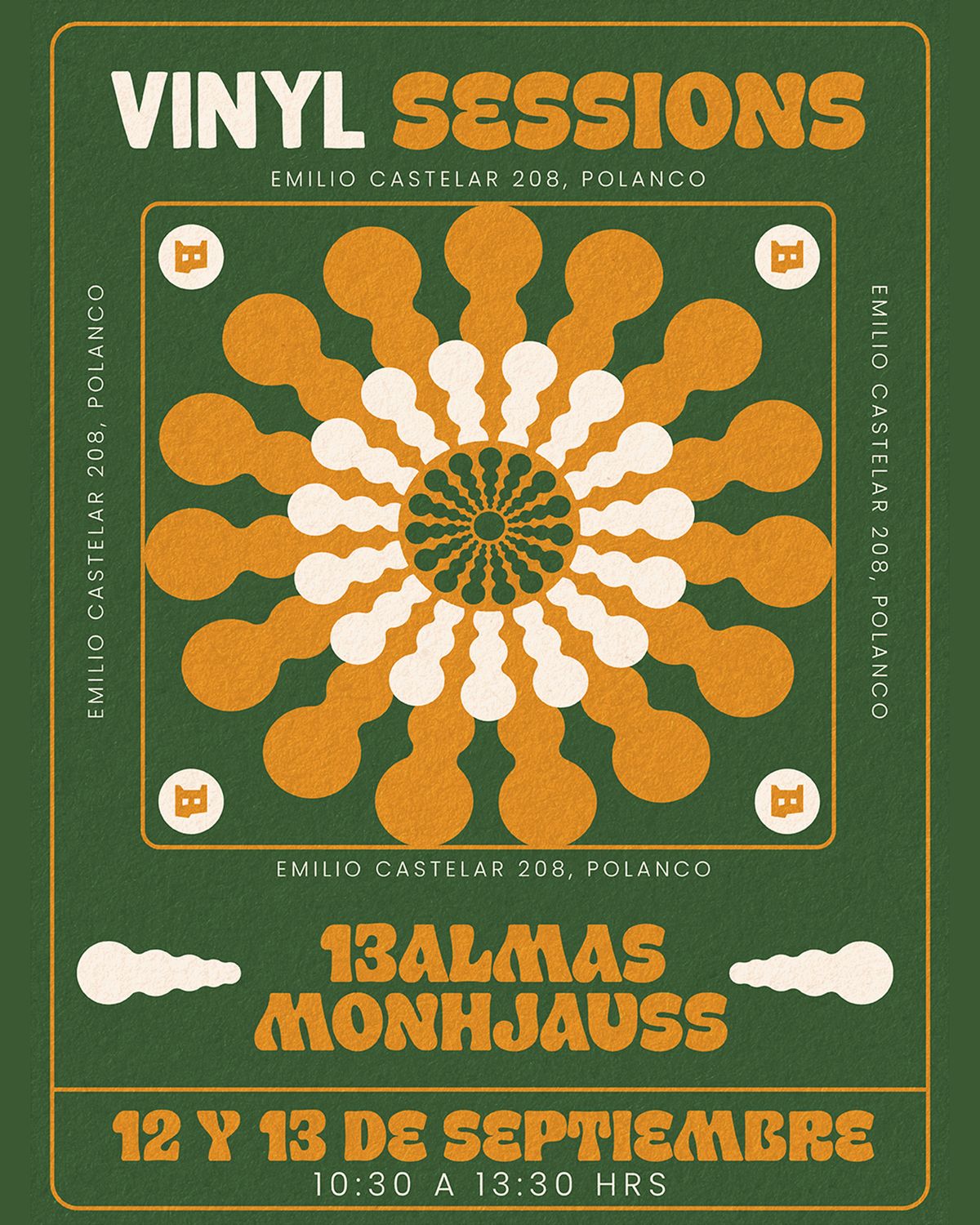 Cartel verde de Vinyl Sessions con un mandala geométrico de ondas naranjas y crema dentro de un marco, el gato de Bandido en las cuatro esquinas, los DJs en letra display naranja y la fecha 12 y 13 de septiembre