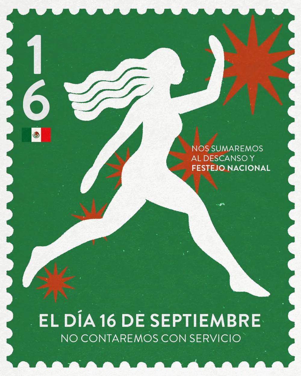 Post de Mamma Ricotta en forma de timbre postal verde: la silueta blanca de la mujer de la marca corre junto a un 16 grande y avisa que ese día no hay servicio