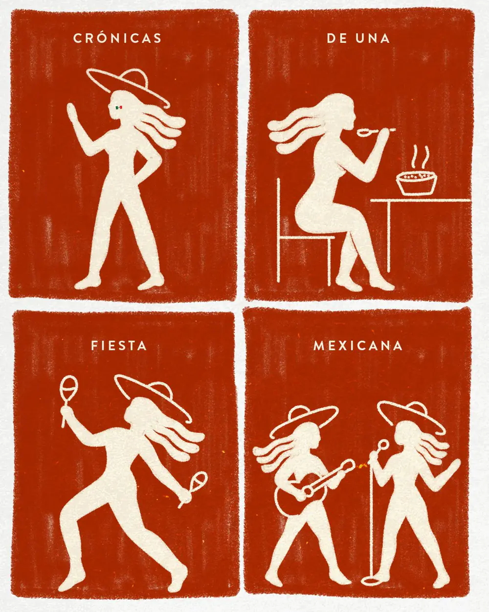 Portada del carrusel «Crónicas de una fiesta mexicana» de Mamma Ricotta: cuatro viñetas en terracota con la mujer de la marca bailando, comiendo, tocando maracas y cantando con guitarra