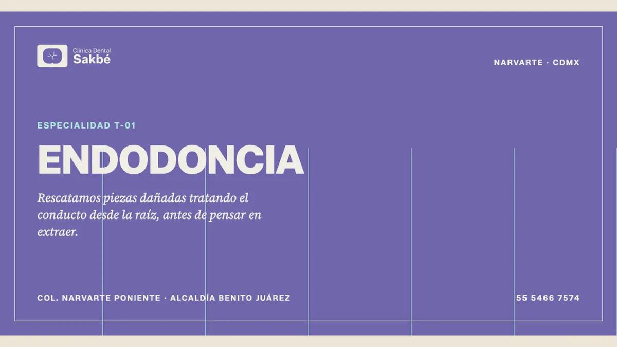 Lámina de Sakbé Dental sobre morado: «Endodoncia» en versales grandes, una línea que explica el tratamiento y, al pie, la colonia y el teléfono de la clínica