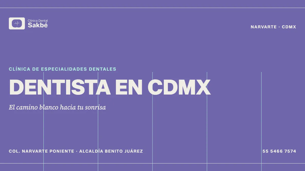 Imagen para compartir del sitio de Sakbé Dental, sobre morado: «Dentista en CDMX», la frase «El camino blanco hacia tu sonrisa», la colonia Narvarte Poniente y el teléfono de la clínica