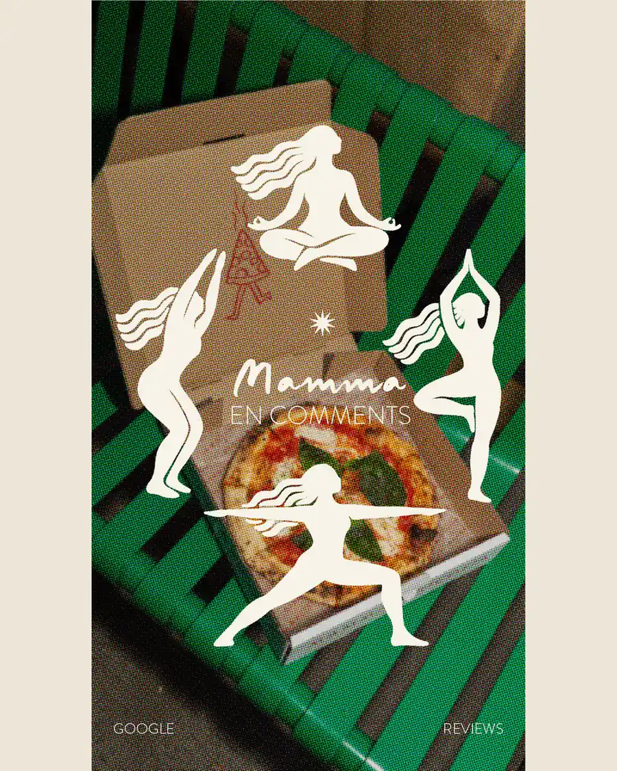 Story de apertura de «Mamma en comments»: una caja de pizza abierta sobre una banca verde y, encima, siluetas blancas de la mujer de Mamma Ricotta en posturas de yoga
