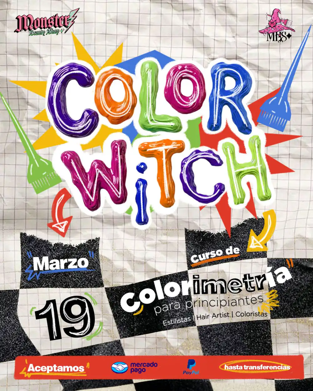 Anuncio 4:5 de Monster Beauty para el curso Color Witch: el título escrito con tinta de colores en relieve sobre papel cuadriculado, brochas de tinte a los lados y la fecha del 19 de marzo