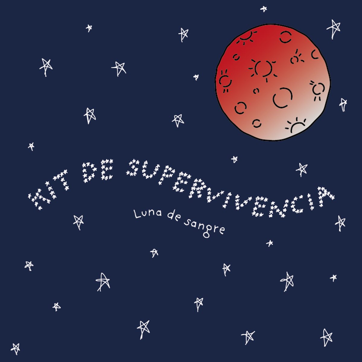 Pieza de campaña: una luna de sangre sobre un cielo azul noche lleno de estrellas dibujadas a mano, con el titular «KIT DE SUPERVIVENCIA» en letras de estrellas