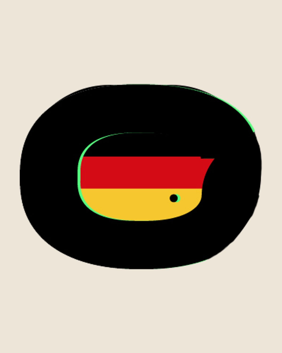 Isotipo de Covers DEMX: una silueta de ave, o bocadillo de diálogo, recortada dentro de una forma ovalada negra y rellena con los colores de la bandera alemana