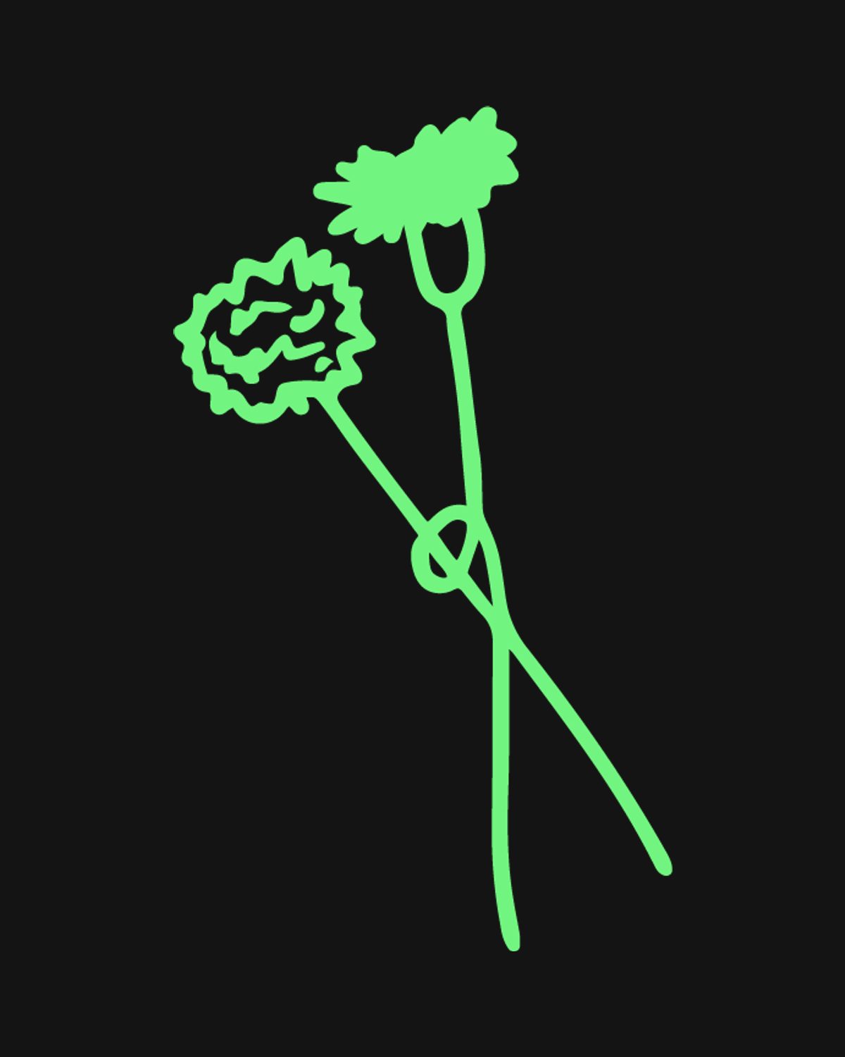 Elemento de papelería del proyecto, dos flores dibujadas a línea verde con los tallos cruzados sobre fondo de tinta