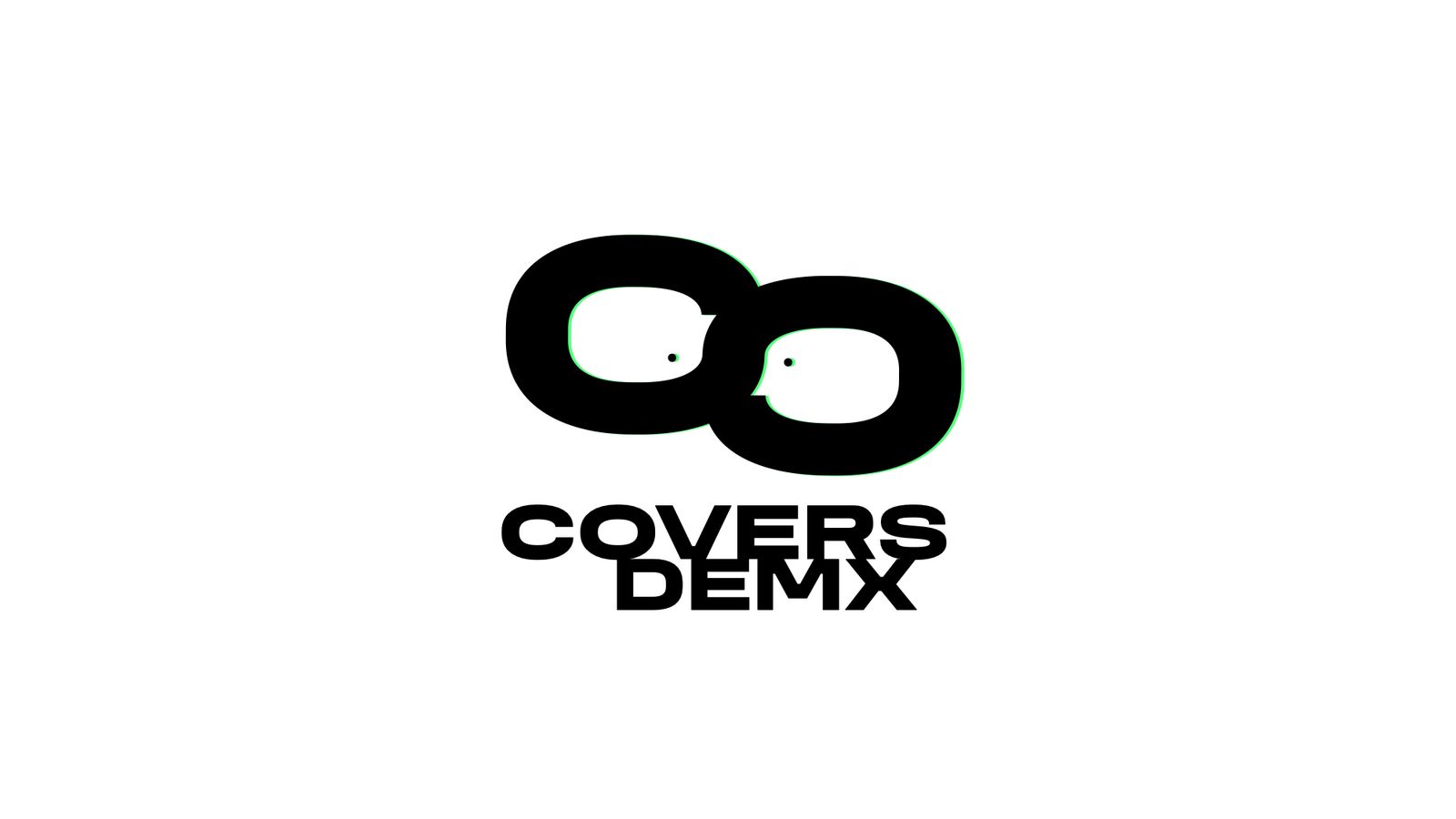 Logotipo de COVERS_DEMX en negro sobre blanco: dos óvalos gruesos enlazados, cada uno con un pequeño ojo, sobre el nombre en dos líneas, COVERS y DEMX