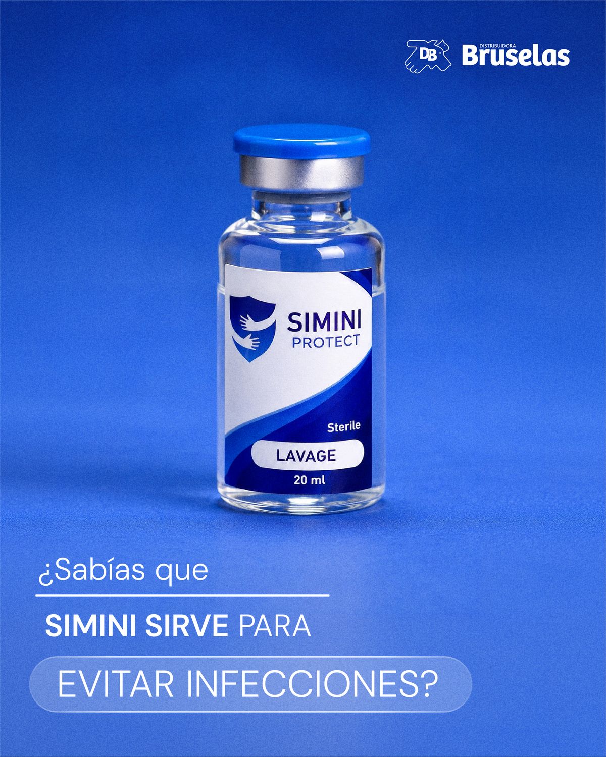 Post de producto: un frasco de Simini Protect de lavado estéril, de 20 ml, iluminado sobre fondo azul, con la pregunta «¿Sabías que Simini sirve para evitar infecciones?» abajo y la marca Bruselas arriba