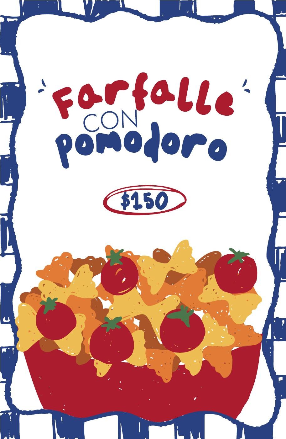 Cartel ilustrado de farfalle con pomodoro en rojo y azul para Fabiana’s