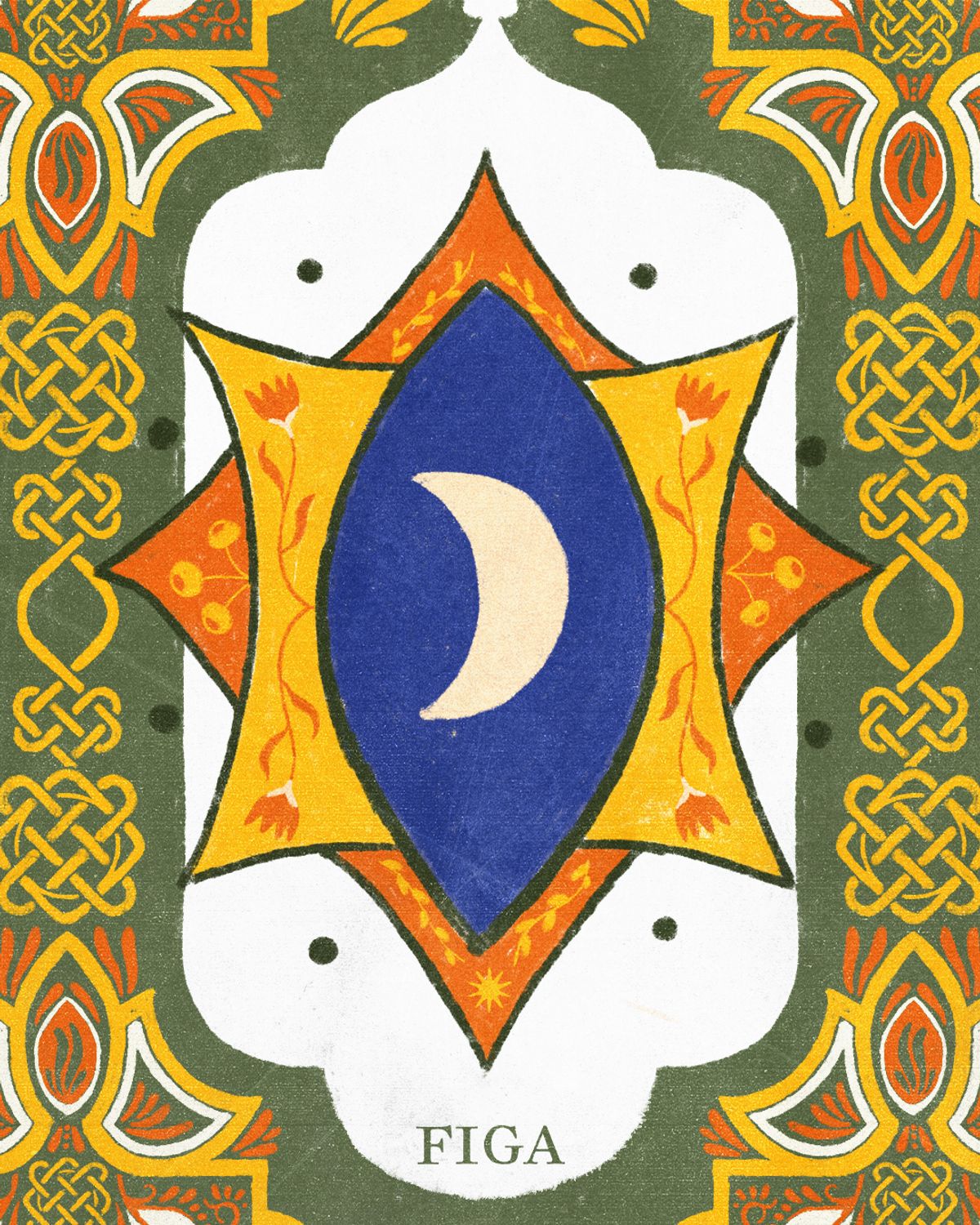 Ilustración de un ojo azul con una luna creciente color crema, al centro de una estrella de ocho puntas en dorado y naranja, dentro de un marco de mayólica verde con nudos dorados; FIGA al pie