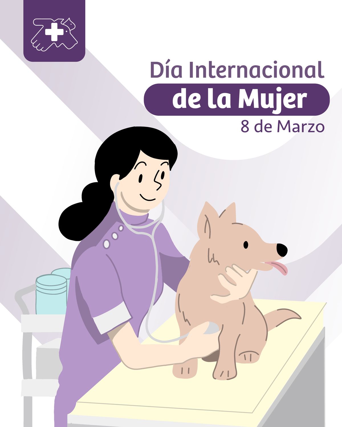 Ilustración para el Día Internacional de la Mujer: una veterinaria dibujada en lila ausculta a un perro color arena sobre la mesa de consulta, con el isotipo del hospital arriba a la izquierda