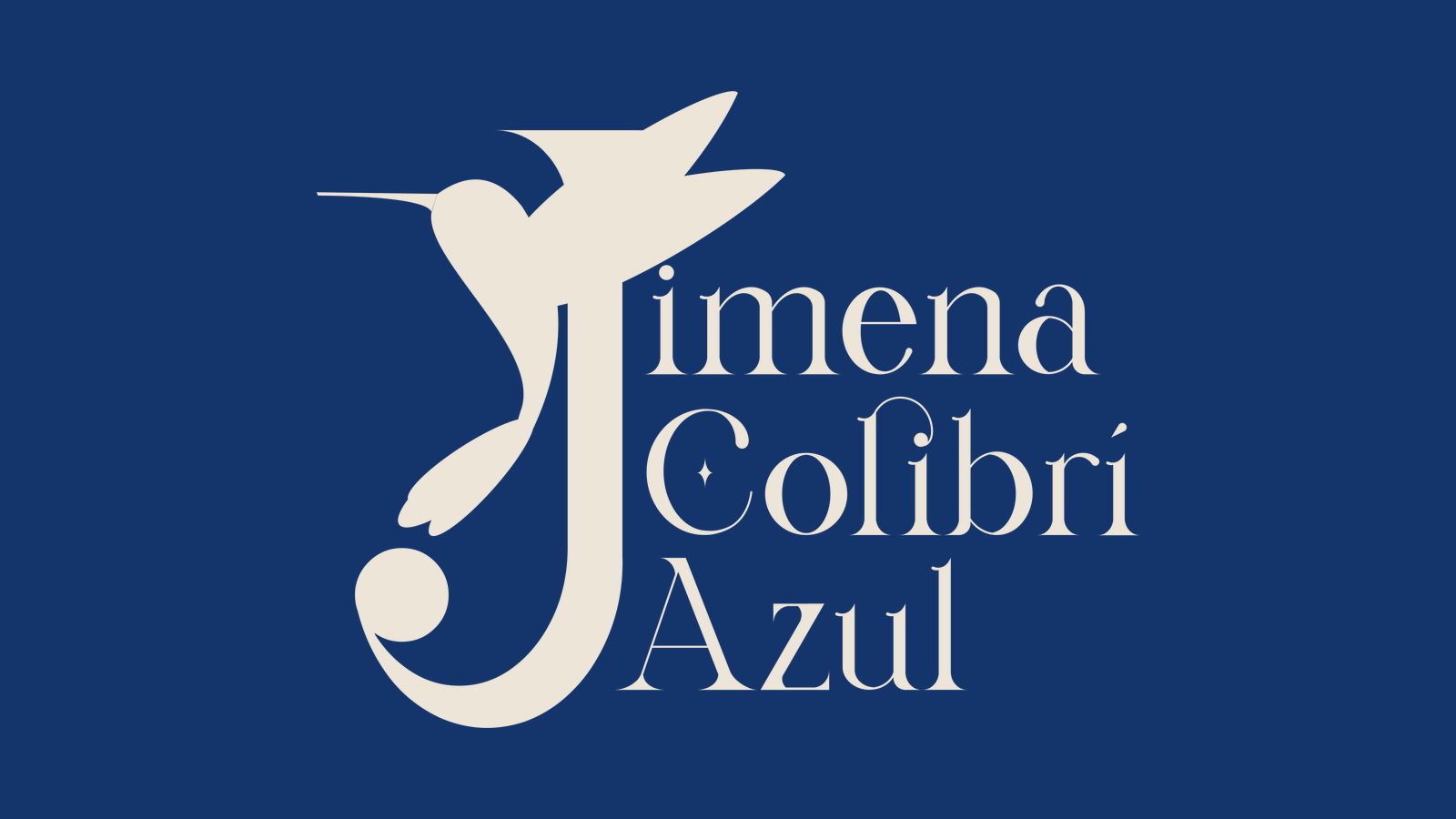 El mismo logotipo en negativo, calado en crema sobre un azul profundo