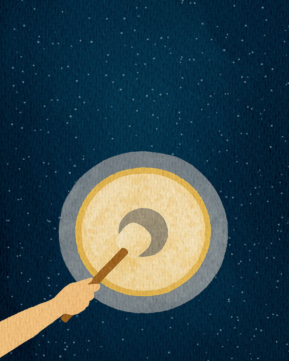 Fondo ilustrado de sonoterapia: una mano golpea con una baqueta un gong dorado que flota en un cielo azul oscuro con estrellas