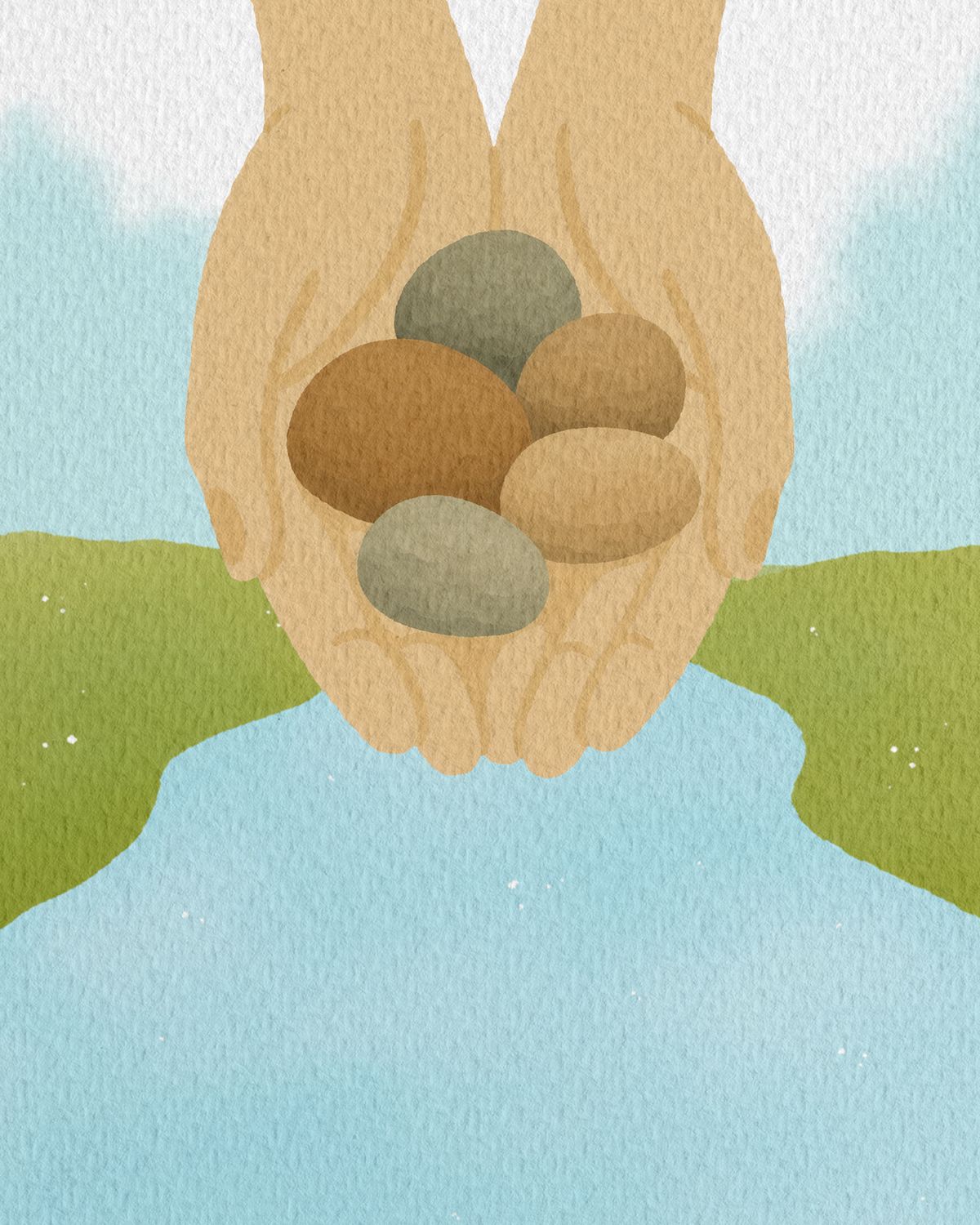 Fondo ilustrado de piedras de río: dos manos juntas sostienen piedras lisas de tonos pardos sobre un río azul que cruza el pasto