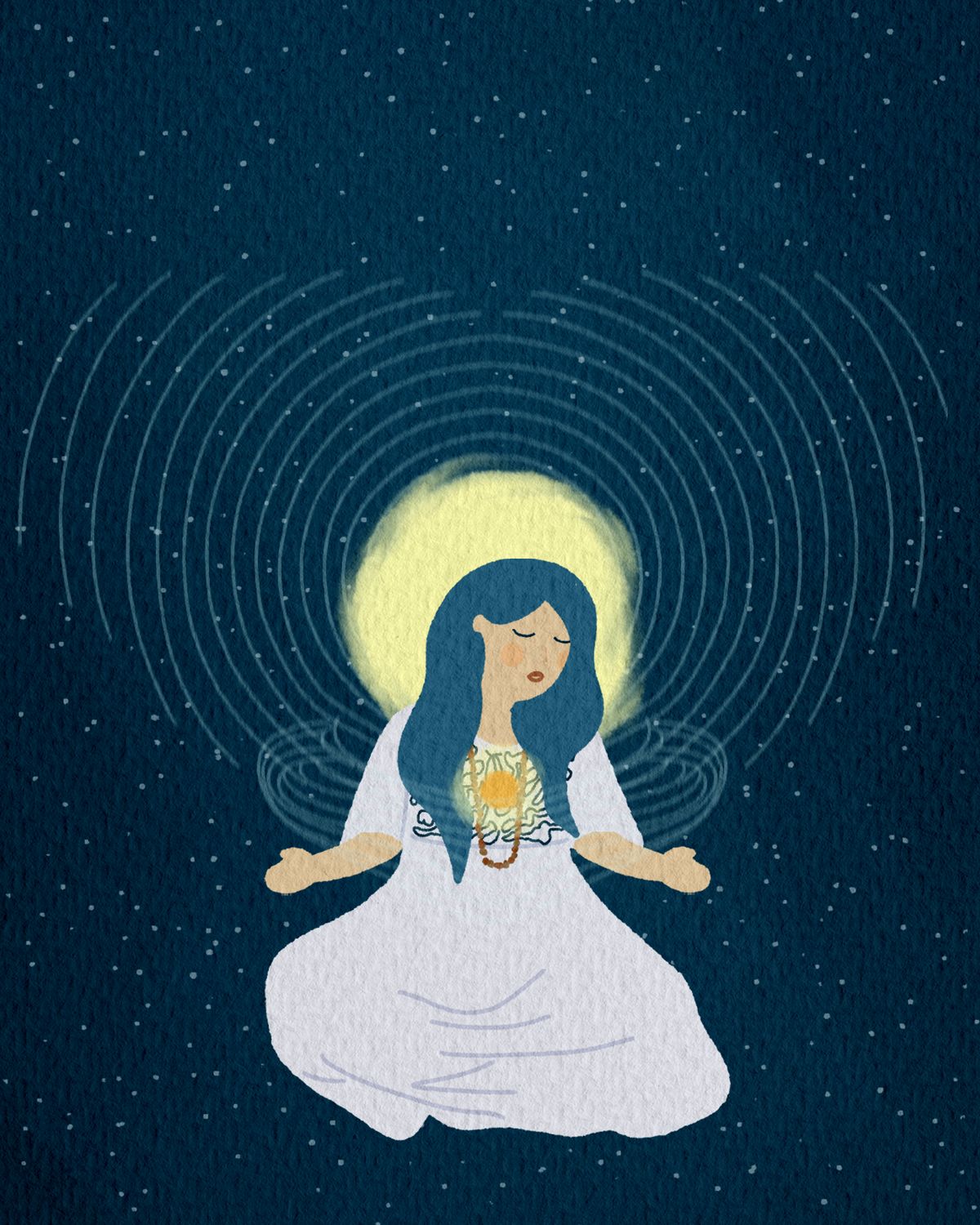 Fondo ilustrado de armonización: una mujer de cabello azul medita con las piernas cruzadas y vestido blanco, rodeada de ondas y un halo dorado en un cielo estrellado