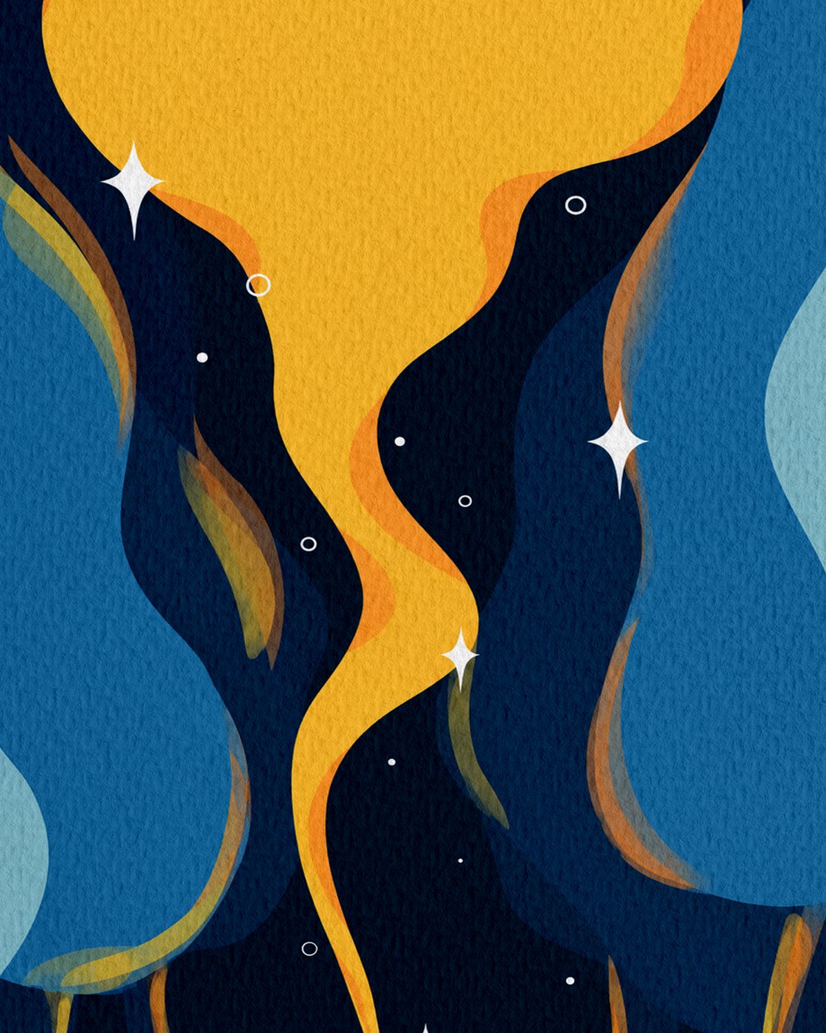 Fondo ilustrado de temazcal: el vapor sube en ondas amarillas entre formas azules y verdes sobre un cielo nocturno con destellos