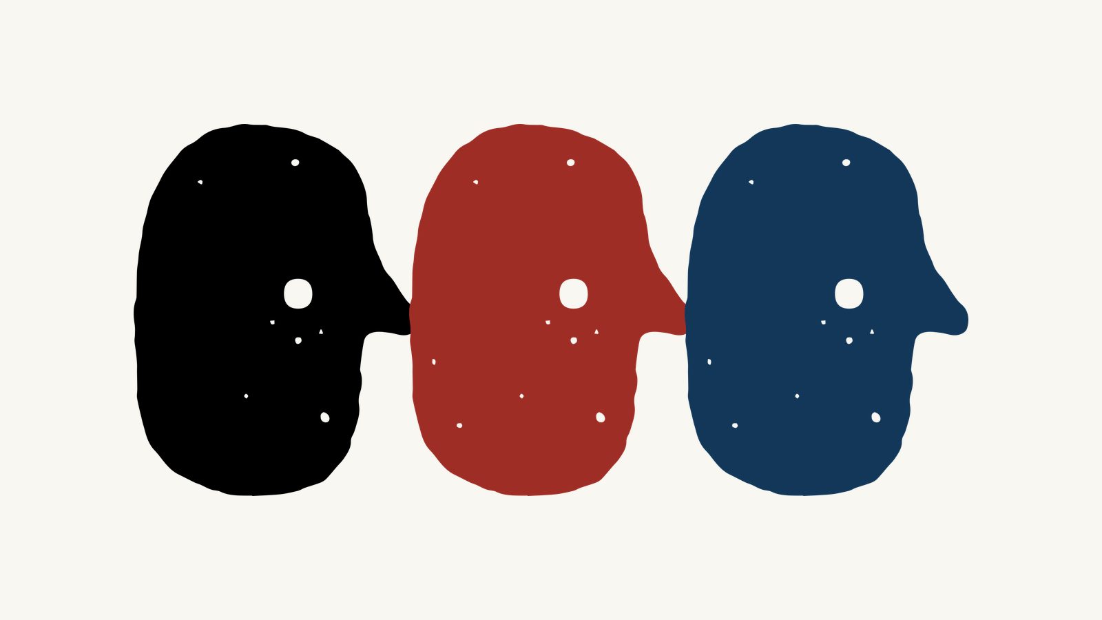 La cabeza del isotipo repetida en las tres tintas de la paleta —negro, rojo apagado y azul marino— sobre el beige de papel gastado
