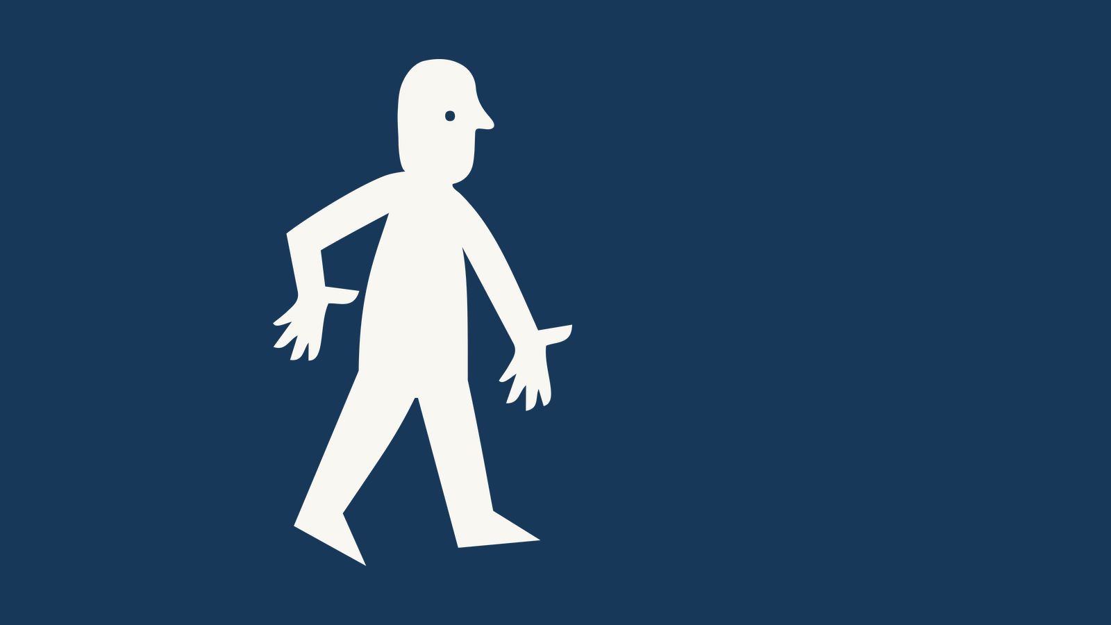 Personaje de cuerpo entero caminando a zancada, calado en crema sobre el azul marino de la marca, con las manos abiertas y un solo punto por ojo