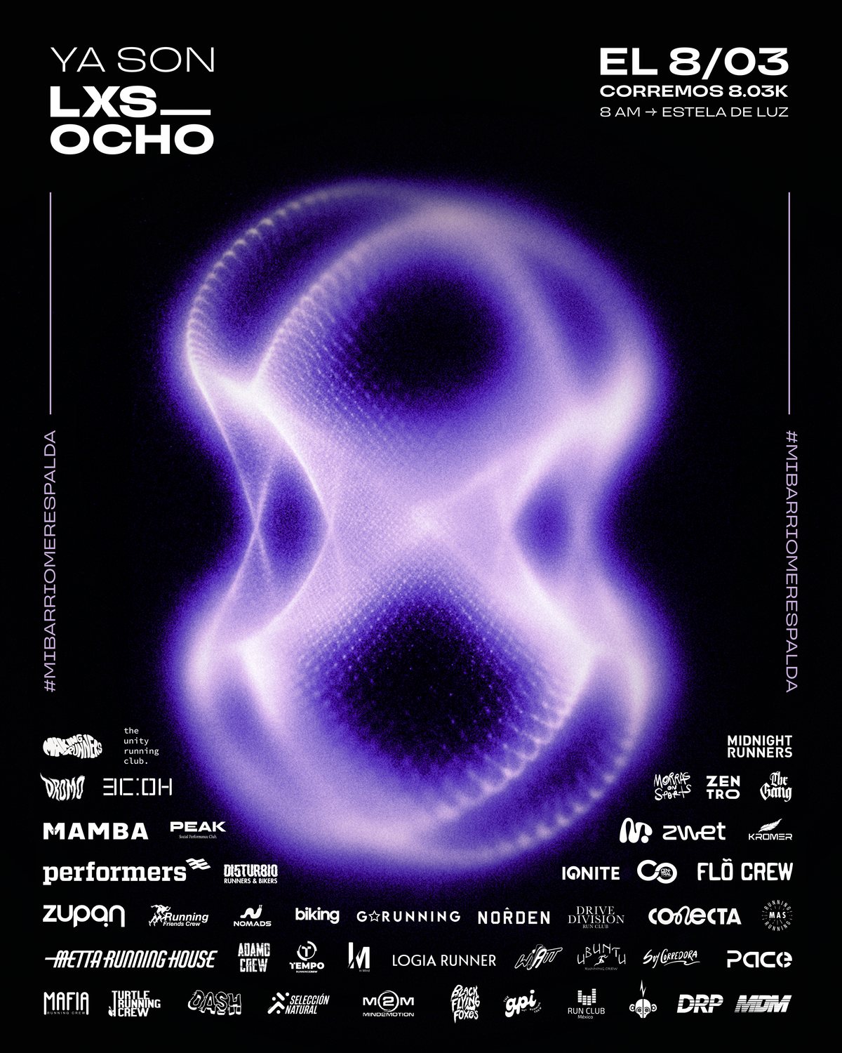 Flyer de la carrera del 8 de marzo: sobre negro, un ocho formado por partículas de luz violeta, la fecha y el recorrido de 8.03 kilómetros, y al pie los logotipos de los clubes participantes