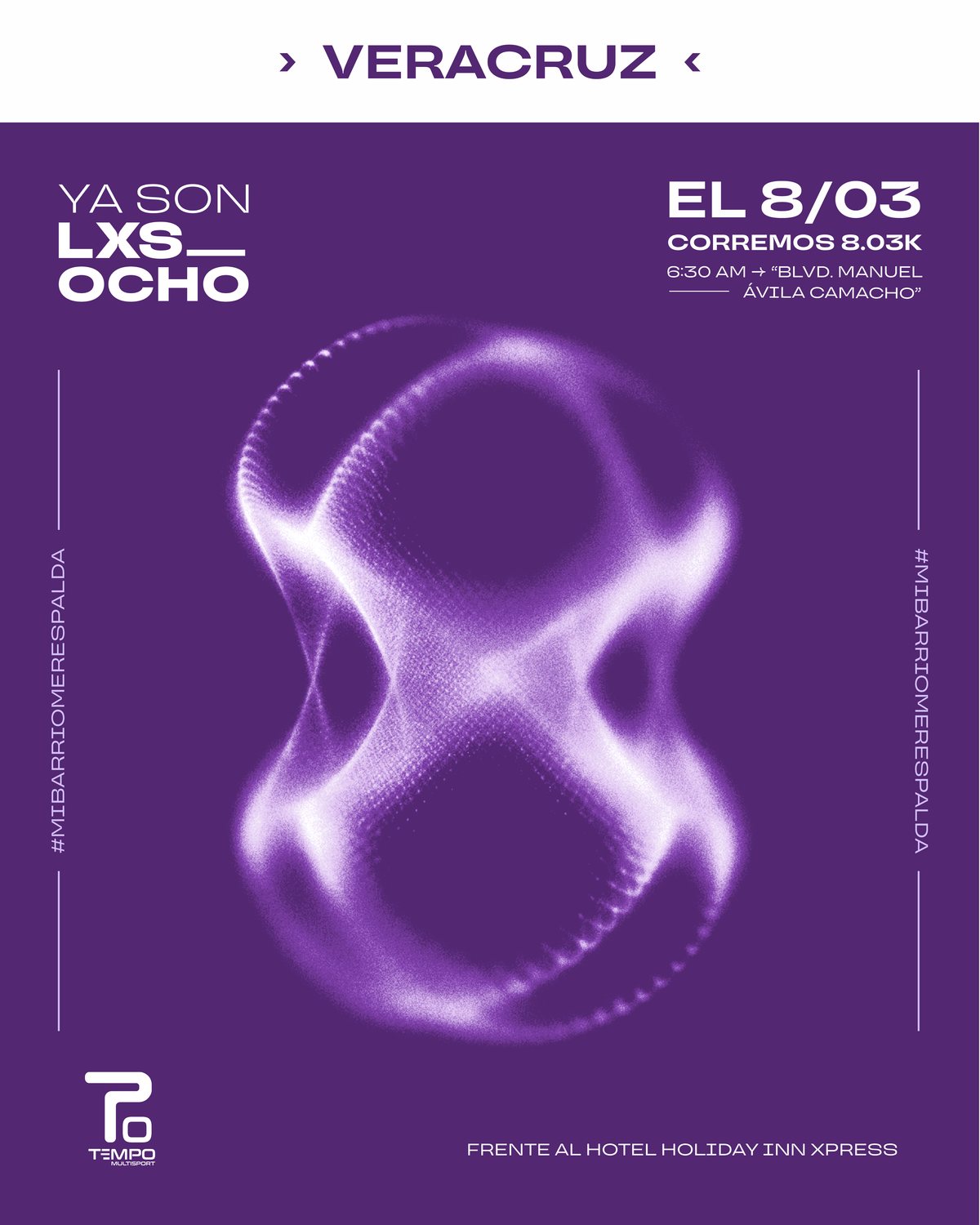 Adaptación del flyer para la sede de Veracruz, con el mismo ocho de partículas sobre un fondo violeta y los datos de punto de salida y hora