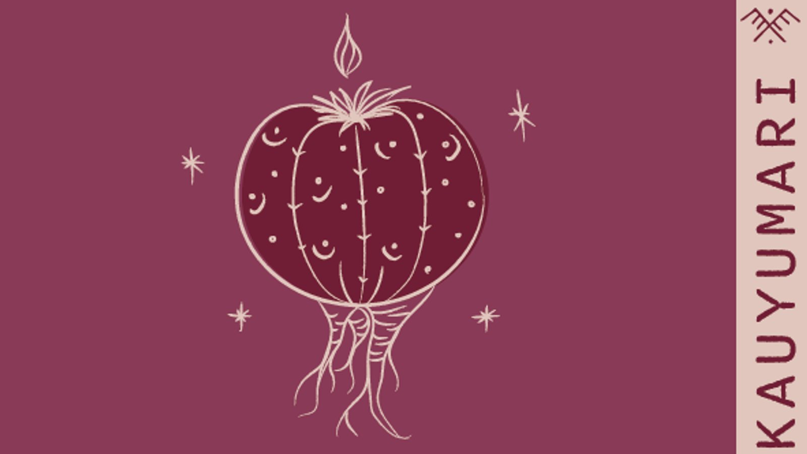 Etiqueta «Kauyumari»: un peyote dibujado a línea con raíces y estrellas sobre fondo vino, con el nombre en vertical en una franja clara