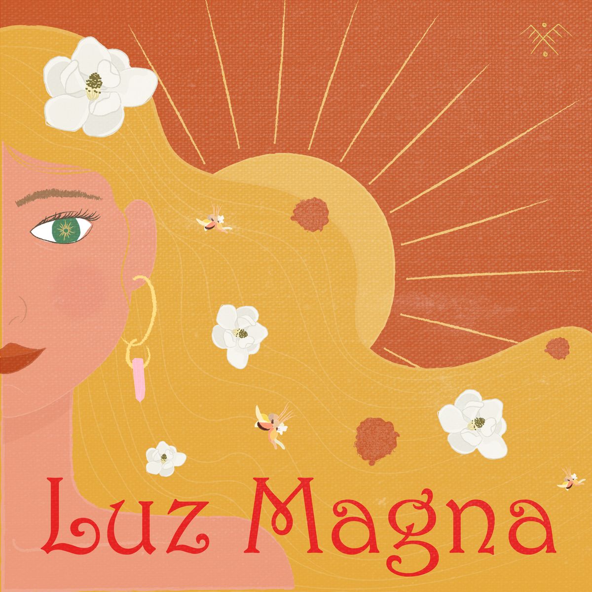 Portada de carrusel: una mujer ilustrada de cabello rubio lleno de flores de magnolia, con rayos de sol al fondo terracota y el nombre «Luz Magna» en letras rojas