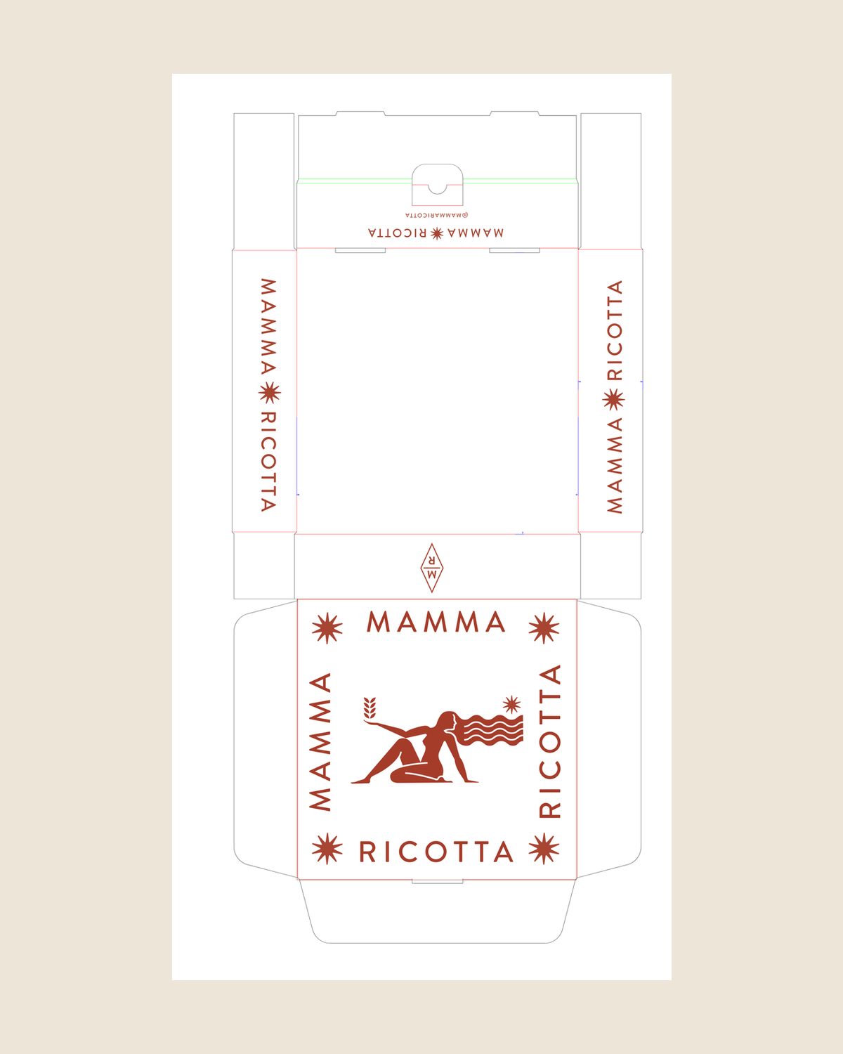 Troquel plano de la caja: el desarrollo con sus pestañas y solapas, rotulado «MAMMA · RICOTTA» en terracota por los cuatro costados y con la figura recostada en la cara principal