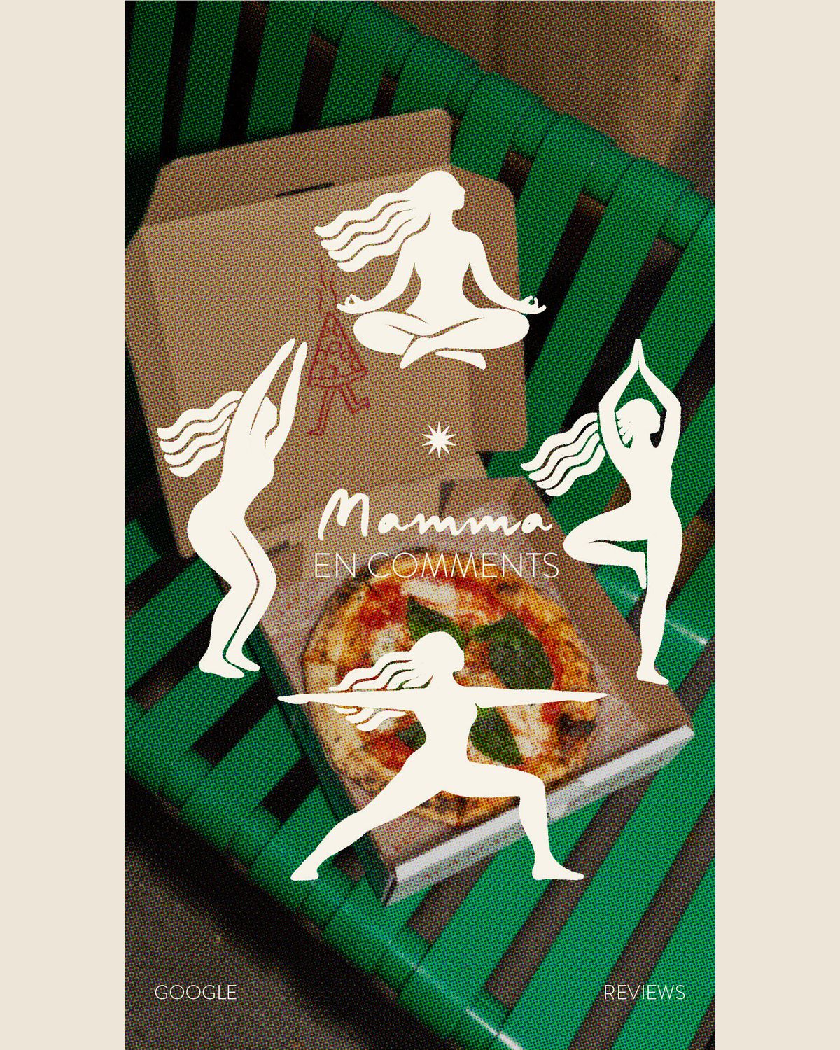 Story «Mamma en comments»: sobre una banca verde, una caja de pizza abierta con una margarita y, encima, cuatro siluetas blancas de la mujer de la marca en posturas de yoga