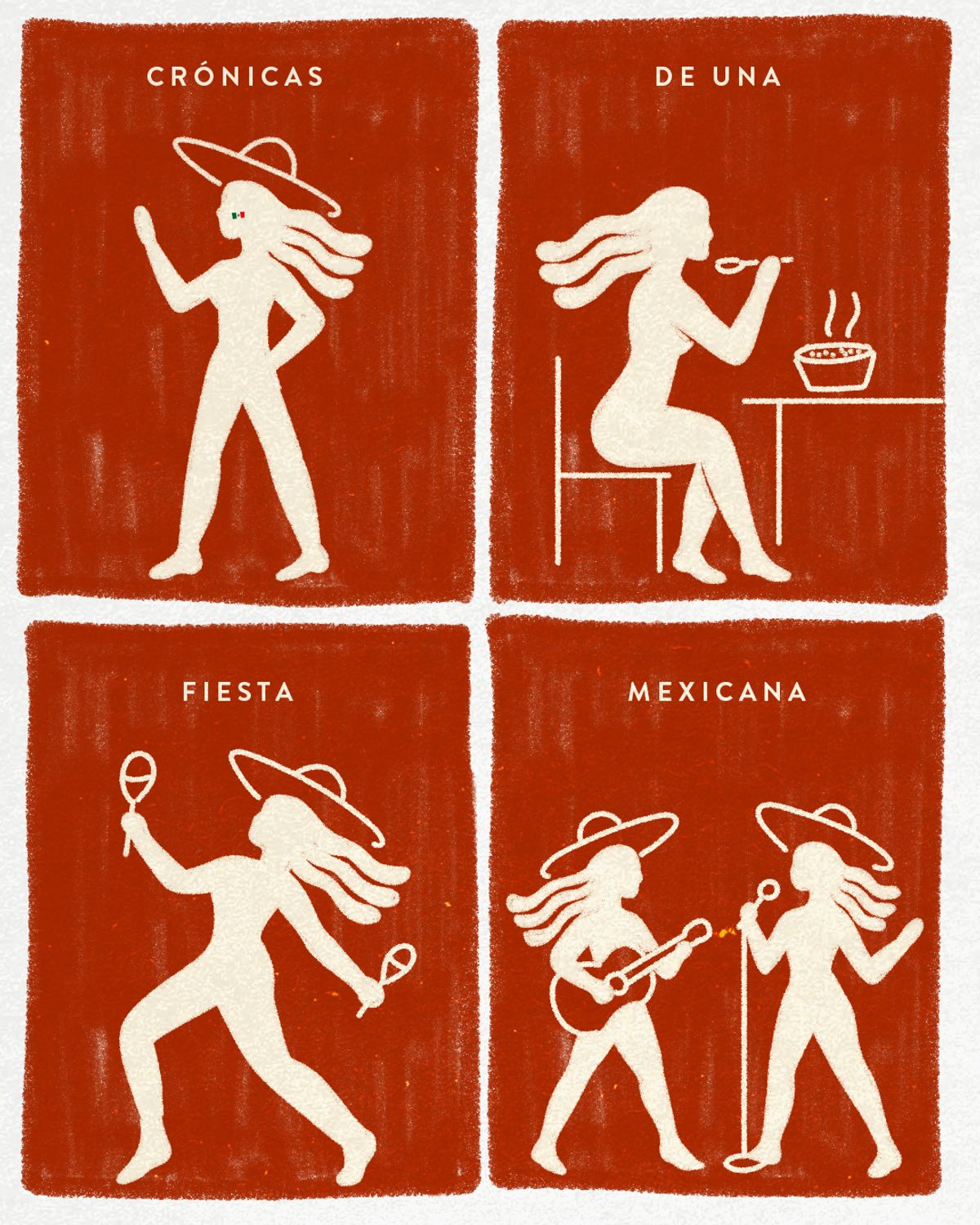 Post en terracota con cuatro viñetas de la mujer de la marca con sombrero de charro: bailando, comiendo del plato humeante, con maracas y en dúo con guitarra; rótulos «Crónicas de una fiesta mexicana»