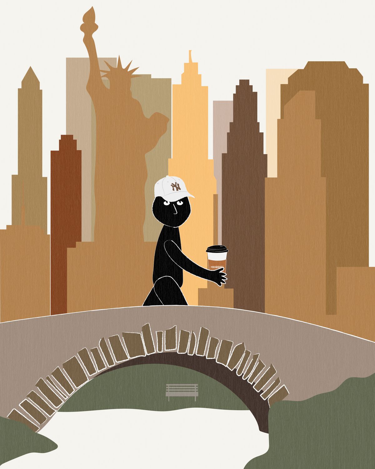 Ilustración en ocres y verde: Mandrakito, un personaje negro con gorra blanca y un vaso de café, cruza un puente de piedra frente a los rascacielos de Nueva York y la Estatua de la Libertad