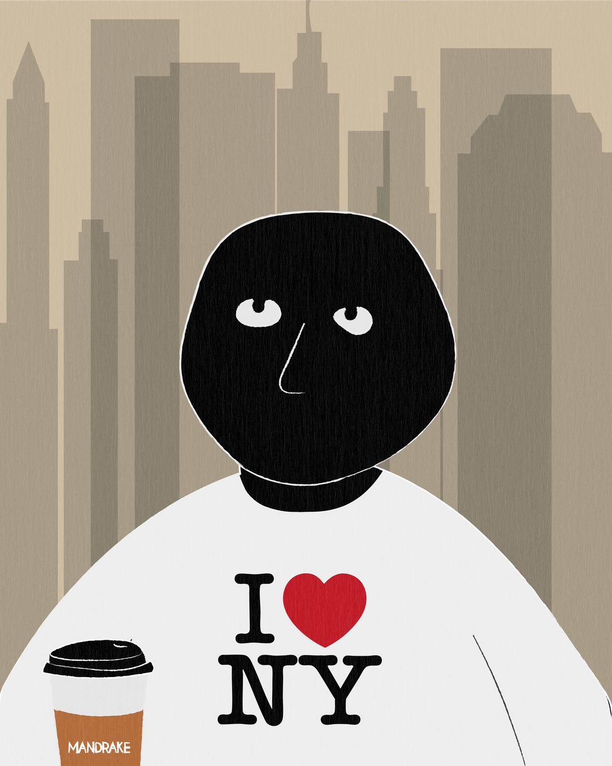 Retrato ilustrado de Mandrakito de frente, con playera «I ♥ NY», ante una silueta de edificios pardos y un vaso de café de Mandrake en la esquina