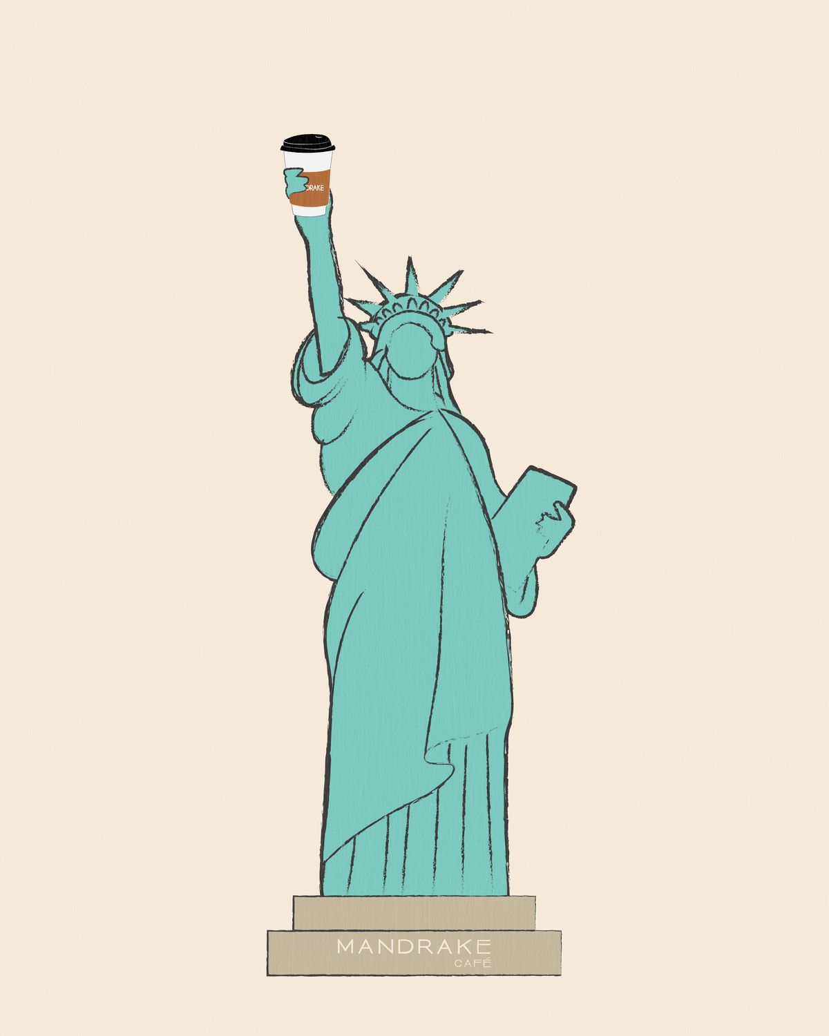 La Estatua de la Libertad ilustrada en turquesa sobre fondo crema, alzando un vaso de café para llevar con faja café de Mandrake en lugar de la antorcha, sobre un pedestal beige con «MANDRAKE CAFÉ»