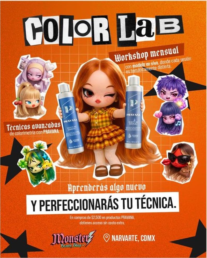 Cartel del workshop mensual Color Lab de Monster Beauty: sobre naranja, un collage de muñecas de melenas de colores rodeando a una que sostiene dos productos, con el título en letras de recorte y la promesa «Aprenderás algo nuevo y perfeccionarás tu técnica»
