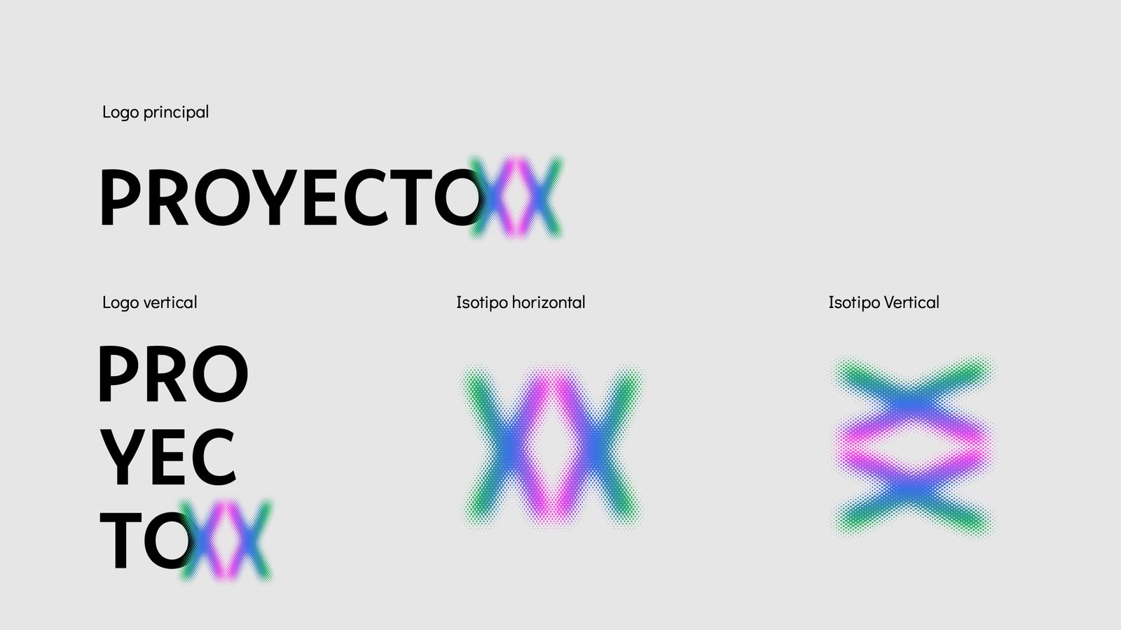 Lámina del manual con las cuatro versiones de la marca: el logo principal PROYECTO seguido de las dos X en degradado de puntos, el logo vertical en tres líneas, el isotipo horizontal y el isotipo vertical