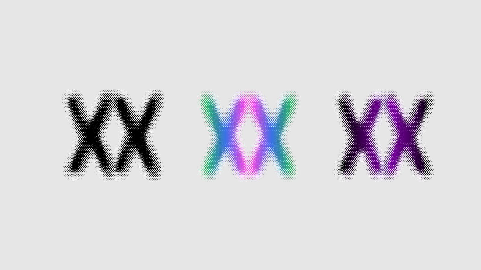El isotipo de las dos X en semitono, repetido en tres versiones: negro, degradado de verde a azul y magenta, y degradado de negro a morado