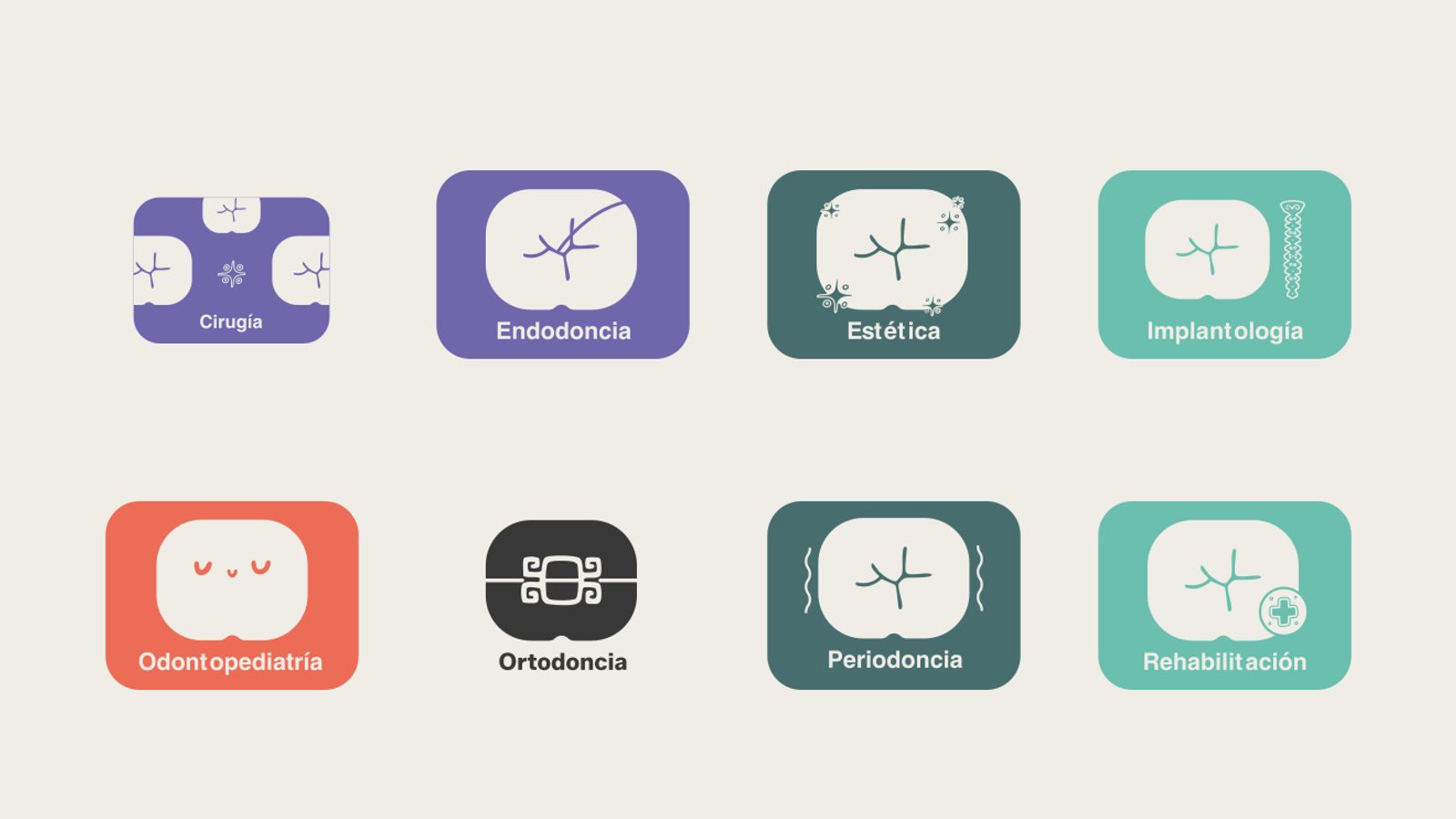 Las ocho especialidades de la clínica como fichas de color con el mismo diente ilustrado, cada una con su variación — cirugía, endodoncia, estética, implantología, odontopediatría, ortodoncia, periodoncia y rehabilitación