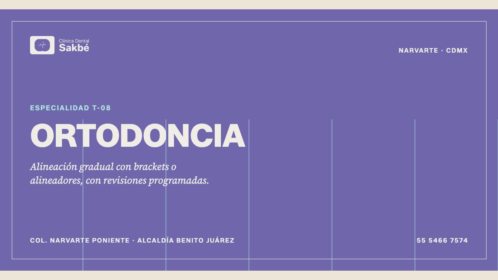 Lámina «ESPECIALIDAD T-08» de la serie: el título «ORTODONCIA» en versales grandes sobre morado y la bajada «Alineación gradual con brackets o alineadores, con revisiones programadas», con la colonia y el teléfono de la clínica al pie