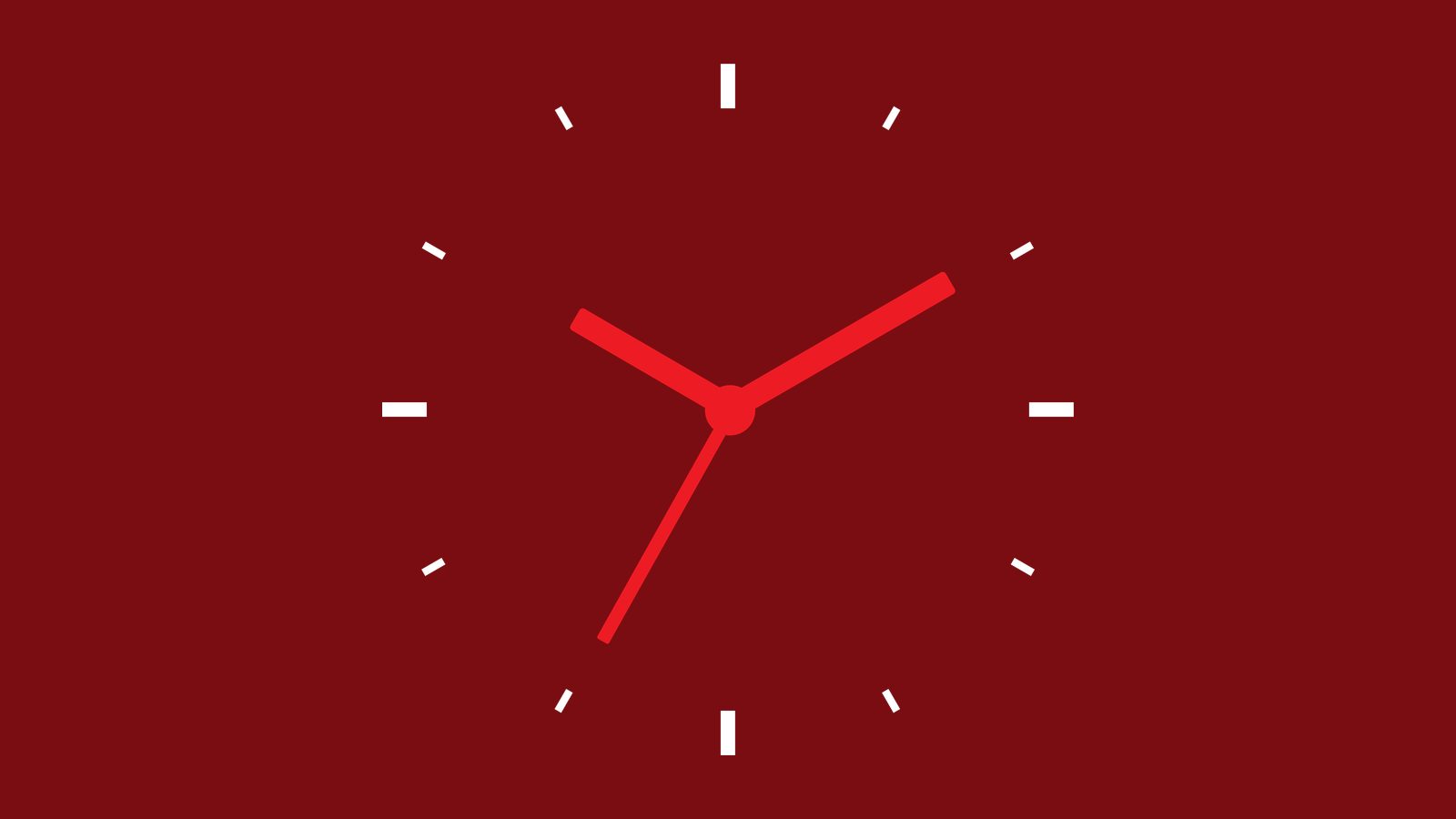 El mismo logotipo de carátula sobre un fondo rojo profundo, con las manecillas y las marcas horarias en contraste