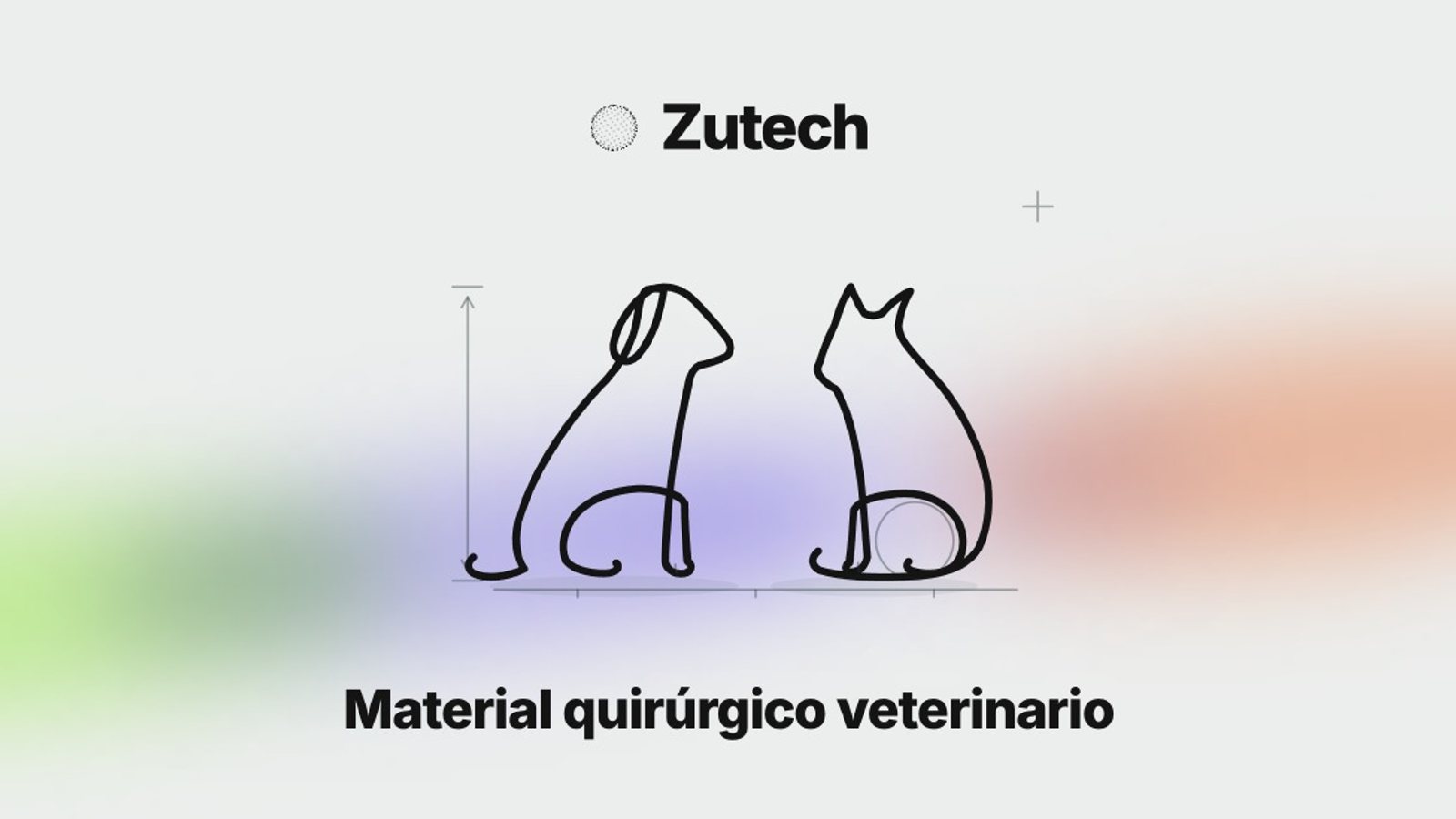 Pieza de marca de Zutech: el logotipo con las siluetas a una línea de un perro y un gato sobre un degradado, y el descriptor «Material quirúrgico veterinario»