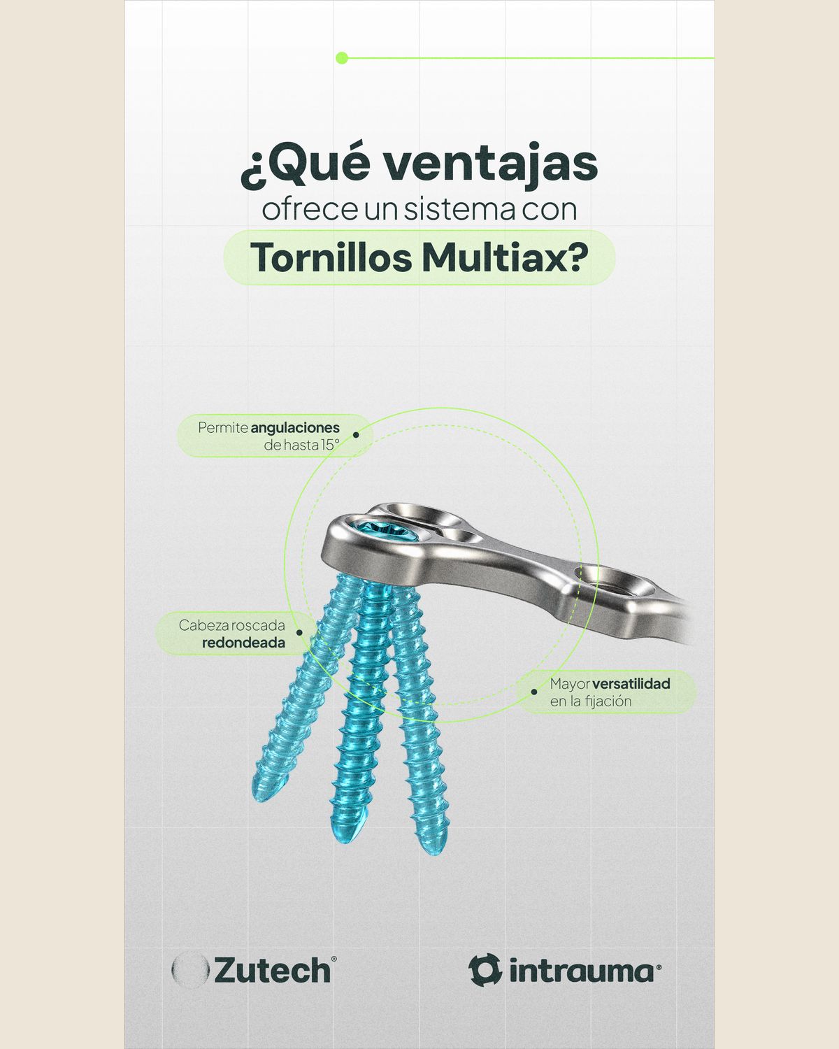 Story de producto sobre fondo gris claro con retícula: la pregunta «¿Qué ventajas ofrece un sistema con Tornillos Multiax?» sobre el render de una placa metálica con tres tornillos turquesa en abanico, tres llamadas en cápsulas verde lima y las firmas de Zutech e intrauma al pie