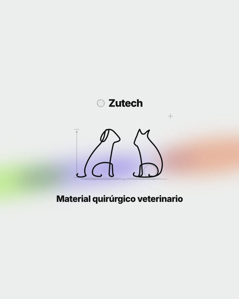 Pieza de marca de Zutech: el logotipo con las siluetas a una línea de un perro y un gato sobre un degradado, y el descriptor «Material quirúrgico veterinario»